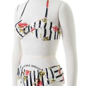 Vintage 1950s Bikini 50s Rose Floral Striped Printed Cotton Halter Bandeau Low Rise Smocked Swimsuit xs/small image 3