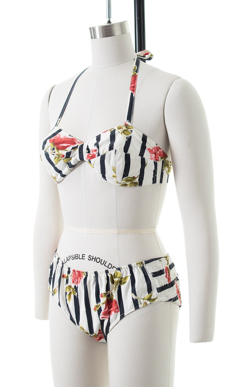 Vintage 1950s Bikini 50s Rose Floral Striped Printed Cotton Halter Bandeau Low Rise Smocked Swimsuit xs/small image 3