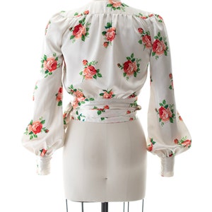 Vintage 1970s Wrap Top 70s does 1940s Rose Floral Print Satin White Long Sleeve Cropped Tie Waist Romantic Blouse x-small/small image 4