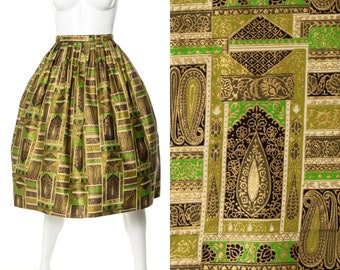 Vintage 1950s Skirt | 50s Metallic Gold Screen Printed Cotton Paisley Geometric Indian Green High Waisted Full Swing Skirt (small)