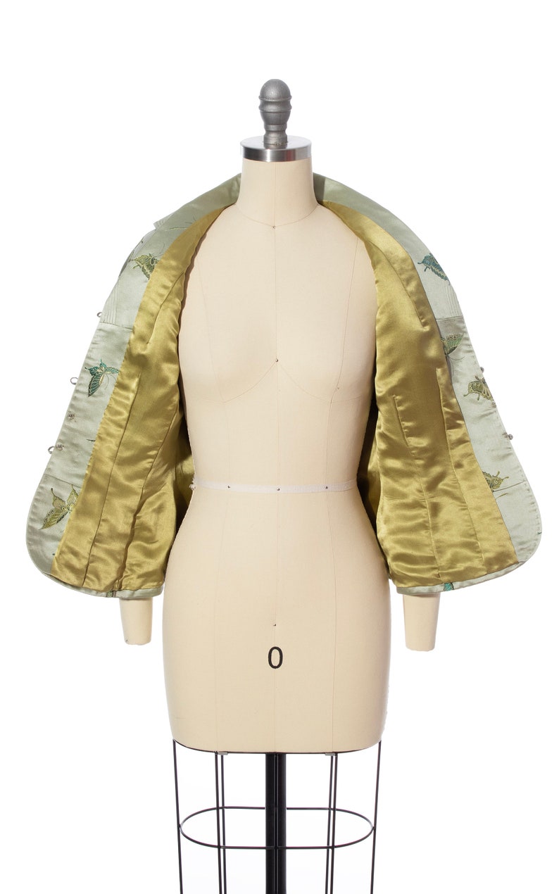 Vintage 1950s Jacket 50s Silk Satin Jacquard Butterfly Bug Novelty Print Tailored Sage Green Holiday Party Blazer x-small/small image 6