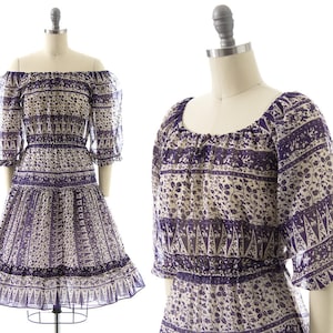 Vintage 1970s Peasant Dress | 70s Floral Bugs Novelty Print Sheer Cotton Off The Shoulder Tiered Skirt Puff Sleeve Boho Dress (xs/small)