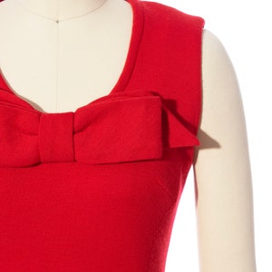 Vintage 1960s Dress 60s Red Wool Jersey Big Bow Wiggle Sheath Knit Sleeveless Holiday Party Bodycon Dress x-small/small image 6