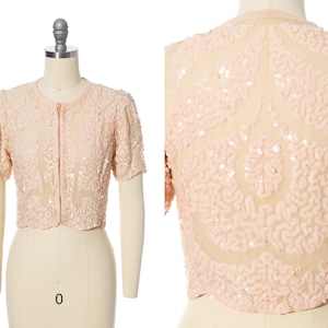 Vintage 1930s Top 30s Sequin Cotton Voile Light Ballet Pink Scalloped Cropped Sheer See Through Art Deco Blouse x-small image 1