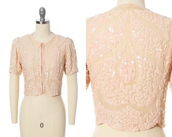 Vintage 1930s Top | 30s Sequin Cotton Voile Light Ballet Pink Scalloped Cropped Sheer See Through Art Deco Blouse (x-small)