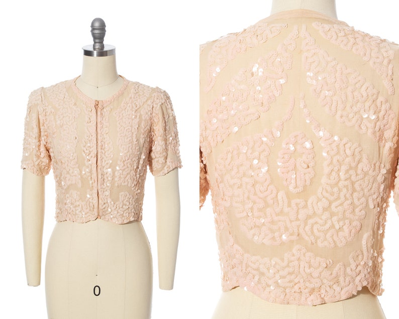 Vintage 1930s Top 30s Sequin Cotton Voile Light Ballet Pink Scalloped Cropped Sheer See Through Art Deco Blouse x-small image 1