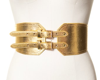 Vintage 1960s Cinch Belt | 60s Metallic Gold Vegan Leather Double Buckled Extra Wide High Waisted Glam Belt (small/medium)