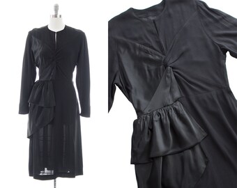 75 DRESS SALE /// Vintage 1940s Dress | 40s Black Rayon Satin Hip Sash Wiggle Formal Evening Gown (medium/large)