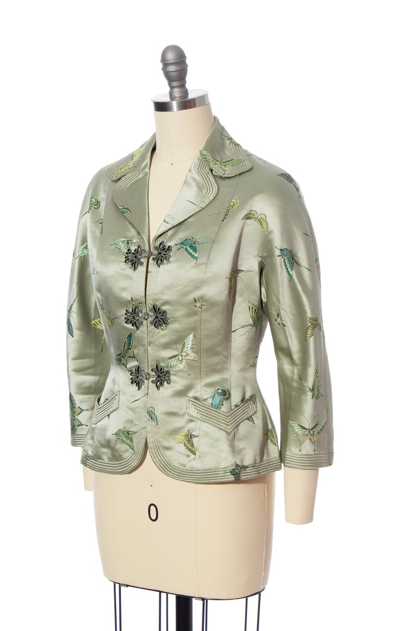 Vintage 1950s Jacket 50s Silk Satin Jacquard Butterfly Bug Novelty Print Tailored Sage Green Holiday Party Blazer x-small/small image 3