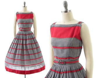 Vintage 1950s Sundress | 50s Striped Gingham Cotton Red Black Full Skirt Day Dress (x-small)