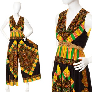 Vintage 1960s 1970s Palazzo Jumpsuit | 60s 70s Psychedelic Geometric Printed Barkcloth Wide Leg Bandana Full Length Jumpsuit (x-small/small)