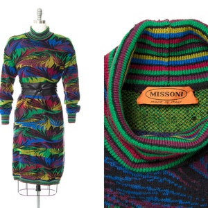 Vintage 1980s Sweater Dress | 80s MISSONI Italian Knit Wool Floral Leaf Striped Turtleneck Long Sleeve Warm Cozy Dress (medium/large)