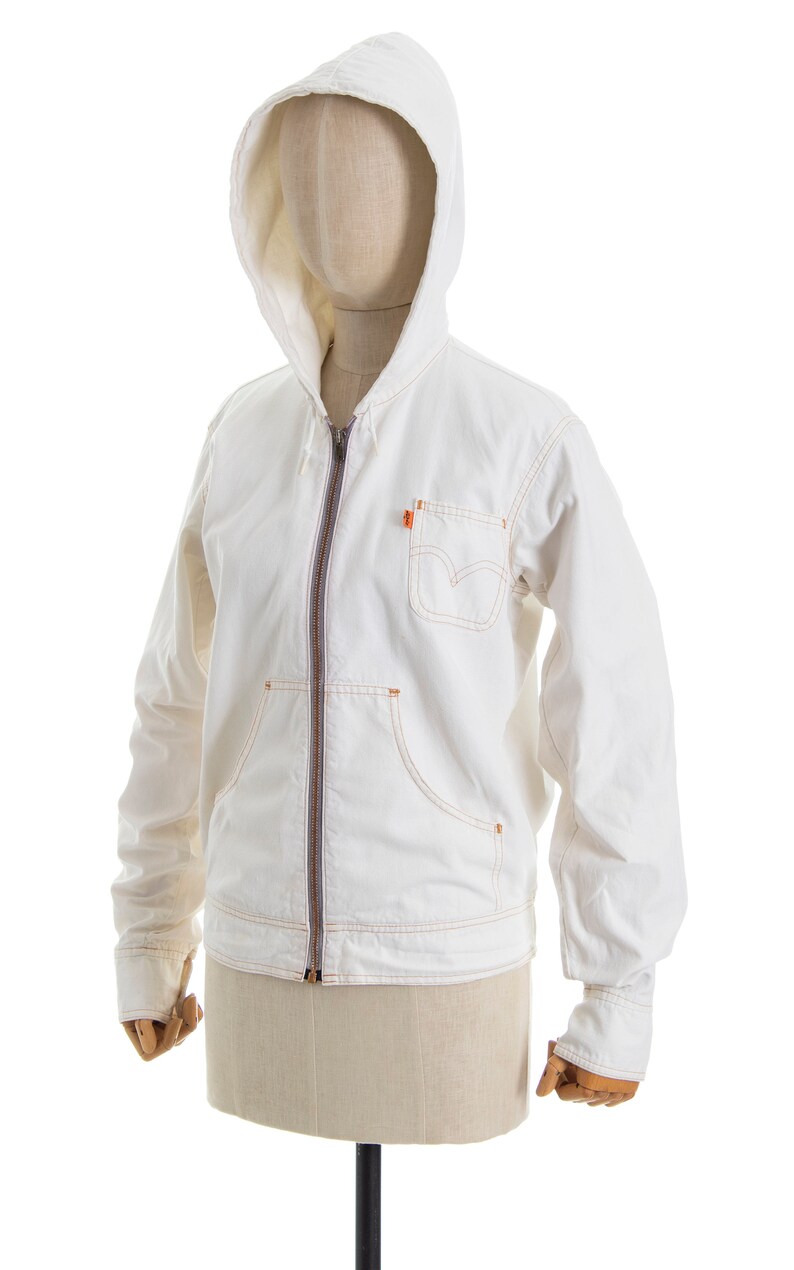 Vintage 1970s Jacket 70s LEVIS Orange Tab White Cotton Denim Hooded Zip Up Boho Minimalist Jacket small/medium image 3