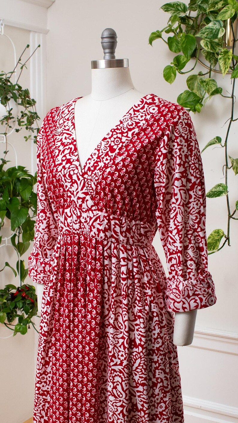 Vintage 1970s Maxi Dress | 70s ADINI Floral Indian Cotton Red Boho Printed Long Sleeve Maxi Dress | medium image 6