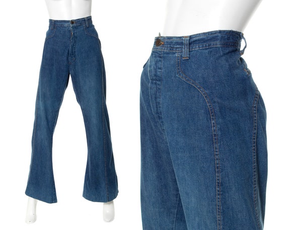 Vintage 1970s Jeans | 70s Medium Blue Wash Cotton… - image 1