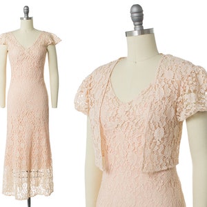 Vintage 1930s Dress | 30s Sheer Peach  Lace Wedding Gown Long Tea Dress with Bolero and Slip (x-small)