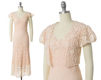 Vintage 1930s Dress | 30s Sheer Peach  Lace Wedding Gown Long Tea Dress with Bolero and Slip (x-small)