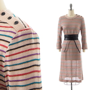 Vintage 1970s Sweater Dress | 70s Colorful Metallic Striped Acrylic Knit Jersey Beige Long Sleeve Shift Day Dress (x-small/small)