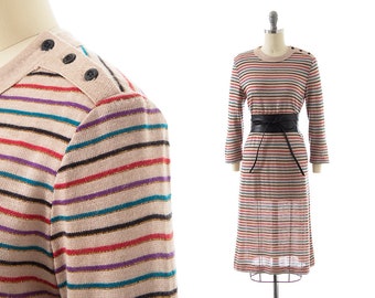 Vintage 1970s Sweater Dress | 70s Colorful Metallic Striped Acrylic Knit Jersey Beige Long Sleeve Shift Day Dress (x-small/small)