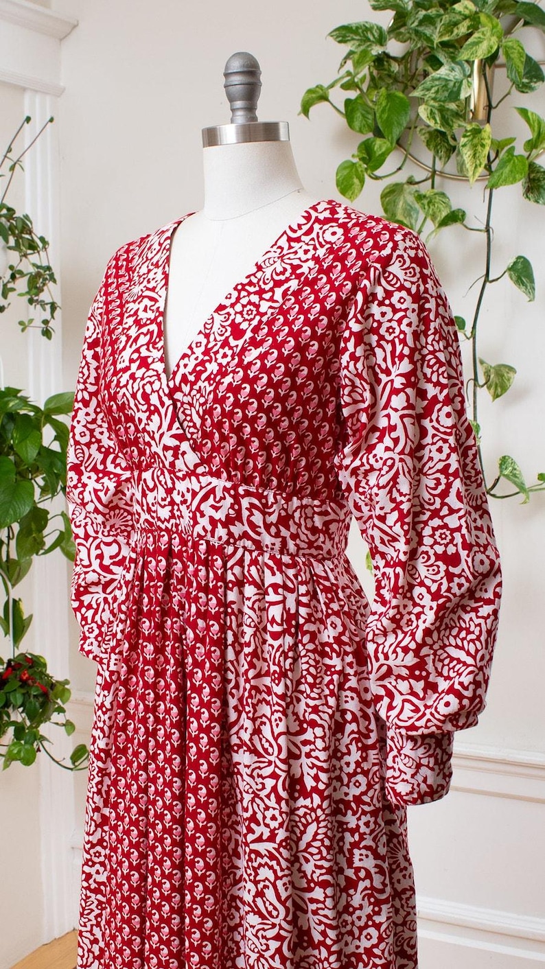Vintage 1970s Maxi Dress | 70s ADINI Floral Indian Cotton Red Boho Printed Long Sleeve Maxi Dress | medium image 5