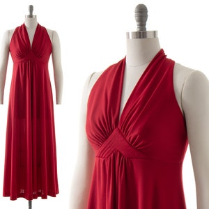 Vintage 1970s Maxi Dress | 70s Burgundy Red Empire Waist Full Length Minimalist Boho Gown (x-small/small)