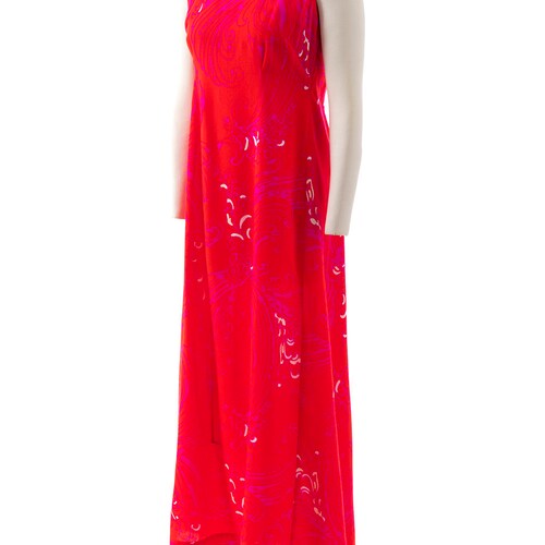 Vintage 1970s Sundress | 70s Psychedelic Printed Barkcloth Neon Orange Purple Hawaiian shops Maxi Hostess Gown (small/medium)
