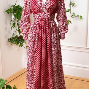 Vintage 1970s Maxi Dress | 70s ADINI Floral Indian Cotton Red Boho Printed Long Sleeve Maxi Dress | medium image 2