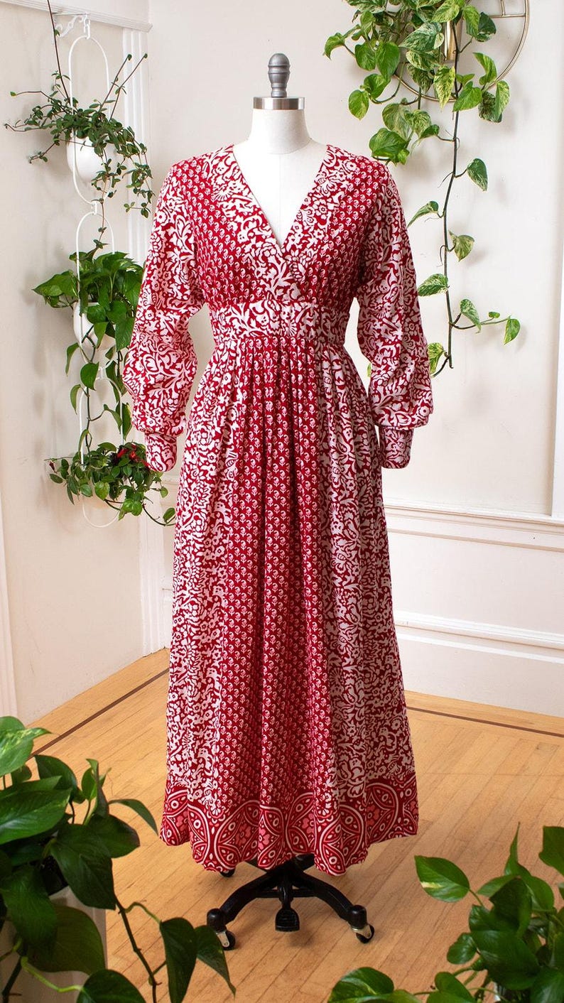 Vintage 1970s Maxi Dress | 70s ADINI Floral Indian Cotton Red Boho Printed Long Sleeve Maxi Dress | medium image 2