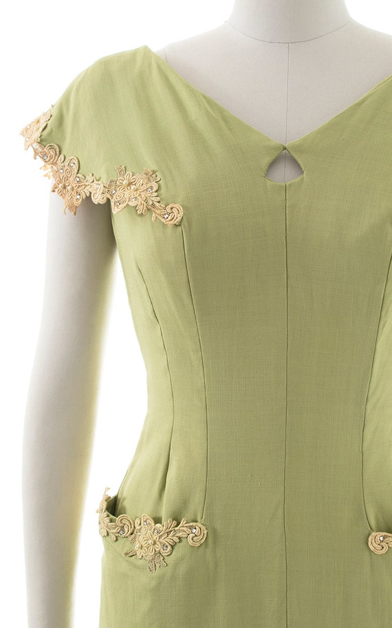 Vintage 1950s Dress | 50s Linen Lace Light Green … - image 6