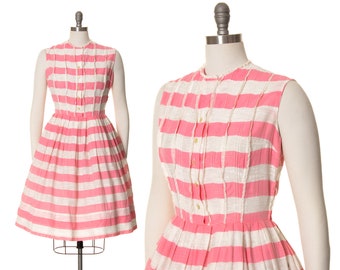 Vintage 1950s Sundress | 50s Striped Pink White Barbie Shirtwaist Day Dress Fit and Flare Full Skirt Shirt Dress (medium)