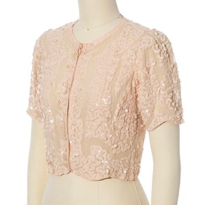 Vintage 1930s Top 30s Sequin Cotton Voile Light Ballet Pink Scalloped Cropped Sheer See Through Art Deco Blouse x-small image 3