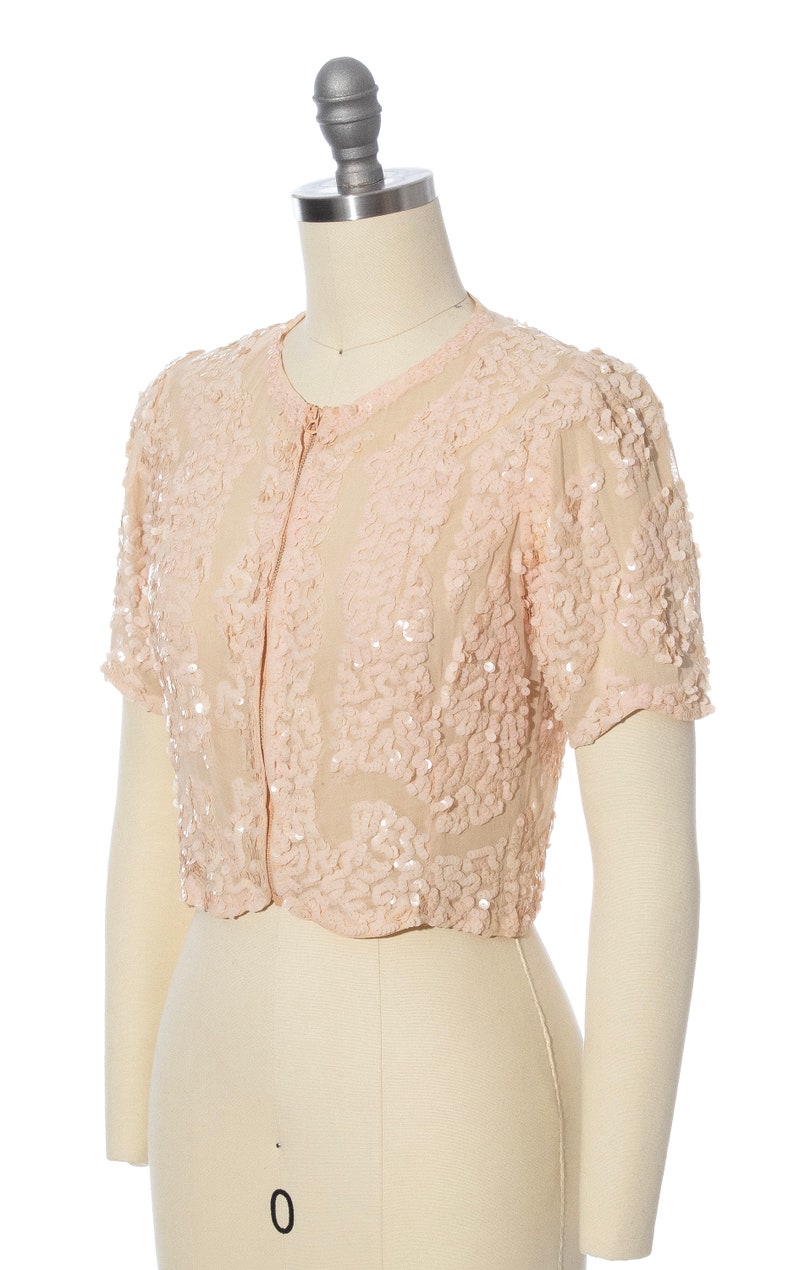 Vintage 1930s Top 30s Sequin Cotton Voile Light Ballet Pink Scalloped Cropped Sheer See Through Art Deco Blouse x-small image 3