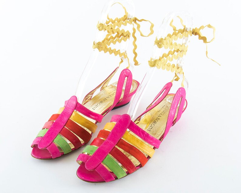 Vintage 1980s Sandals 80s Strappy Leather Suede Rainbow Peep Toe Lace Up Shoes US 10 image 5