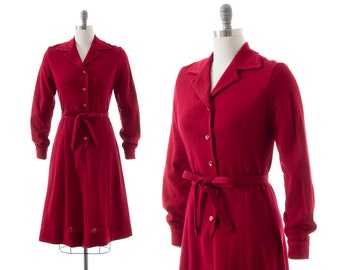 Vintage 1970s Shirt Dress | 70s Burgundy Knit Wool Blend Belted Long Sleeve Button Up Shirtwaist Day Dress (small/medium)