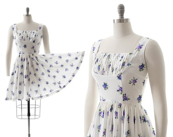 Vintage 1950s Circle Skirt Sundress | 50s JERRY GILDEN Purple Rose Floral Printed White Cotton Fit and Flare Skater Day Dress (small)