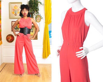 Vintage 1970s Jumpsuit | 70s Salmon Pink Polyester Jersey Elastic Waist Wide Leg Sleeveless Disco Jumpsuit (x-small/small)