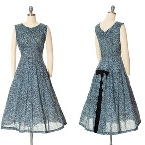 Vintage 1950s Sundress | 50s Floral Filigree Cotton Blue Bow Back Full Skirt Fit and Flare Midi Summer Tea Day Dress (small)