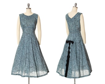 Vintage 1950s Sundress | 50s Floral Filigree Cotton Blue Bow Back Full Skirt Fit and Flare Midi Summer Tea Day Dress (small)