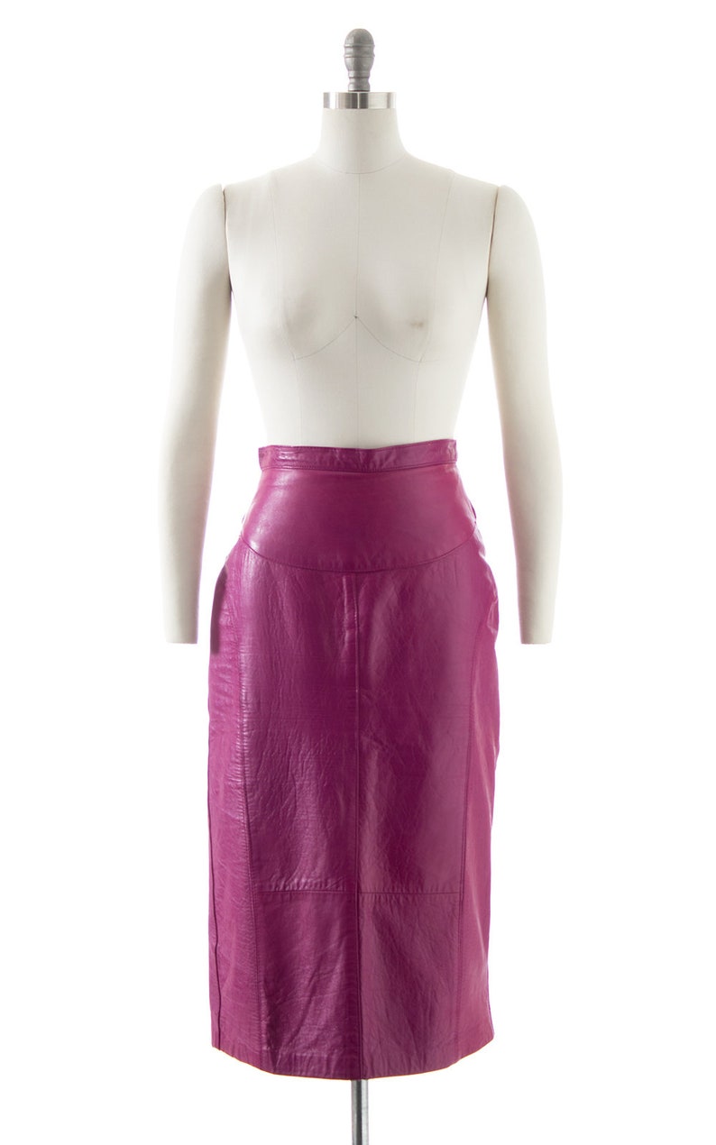 Vintage 1970s Pencil Skirt 70s Purple Leather Buttery Soft High Waisted Midi Wiggle Skirt small image 2