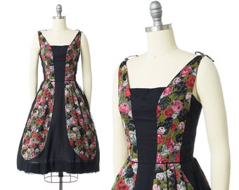 Vintage 1950s Dress | 50s Rose Floral Printed Cotton Voile Sequin Sundress (x-small)