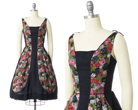 Vintage 1950s Dress | 50s Rose Floral Printed Cott