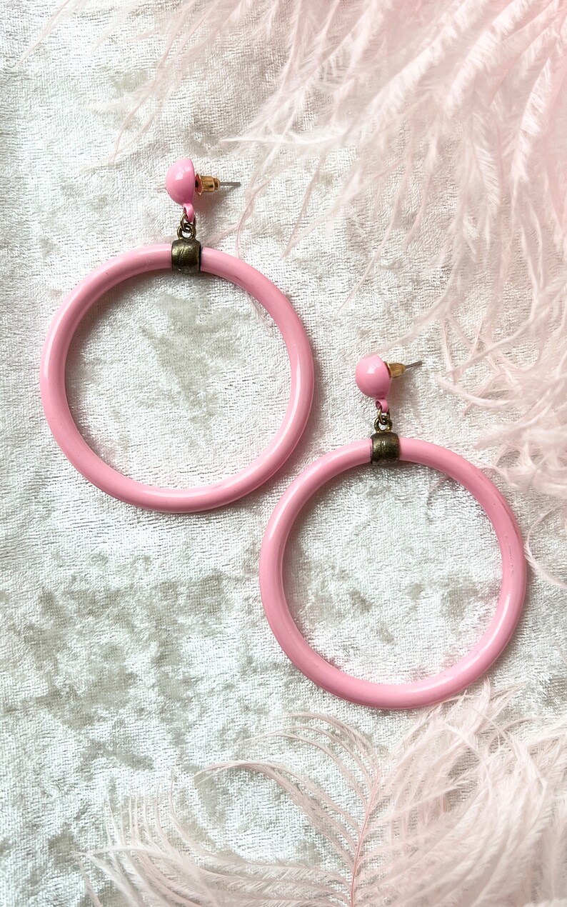 Vintage 1960s Hoop Earrings 60s Pink Enamel Brass Metal Pin Up Bad Girl Post Back Earrings for Pierced Ears image 1