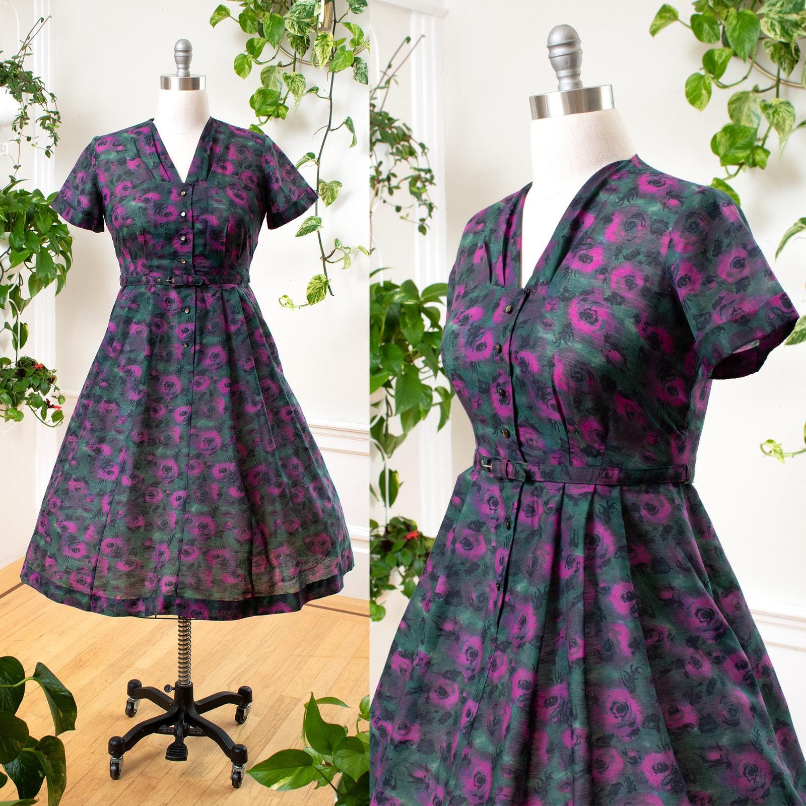 Vintage 1960s Shirt Dress | 60s Purple Floral Button Down 