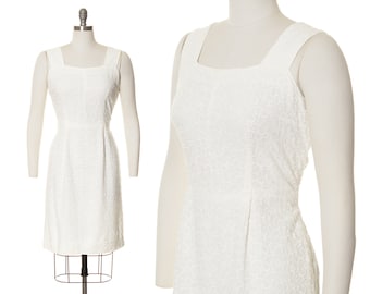 Vintage 1950s Sundress | 50s White Embroidered Linen Wiggle Sheath Tea Summer Day Dress (medium)
