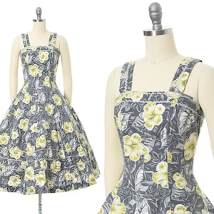 Vintage 1950s Sundress | 50s Hawaiian Floral Hibiscus Printed Cotton Chartreuse Fit and Flare Day Dress (small)