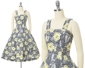 Vintage 1950er Jahre Sommerkleid | 50er Jahre Hawaii Blumen Hibiskus Muster Baumwolle Fit and Flare Alltagskleid (small)