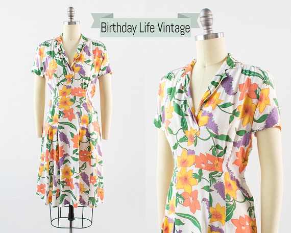 Vintage 1930s Dress | 30s Floral Print Cotton Line