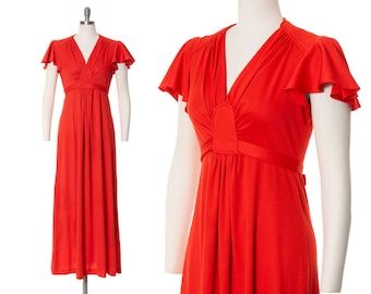 Vintage 1970er Jahre Maxi Kleid | 70er Jahre Kleid im Empire-Stil, mit langen Ärmeln (klein)