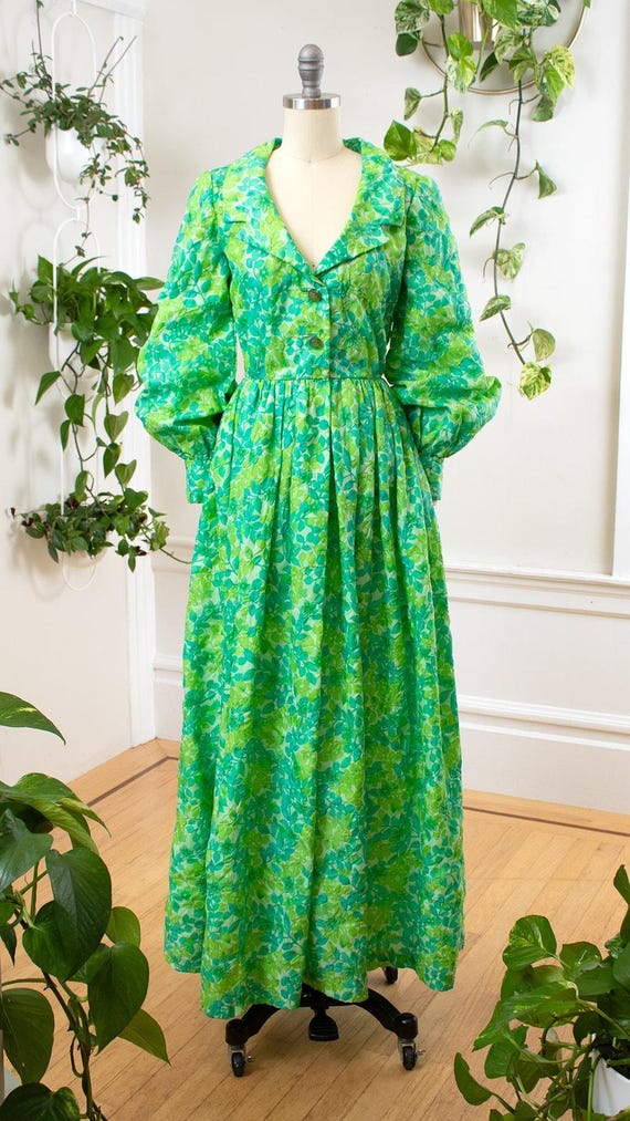 Vintage 1960s Maxi Dress | 60s Floral Green Nylon Pliss Fit and Flare Button Down Shirtwaist Hostess Party Gown | Small