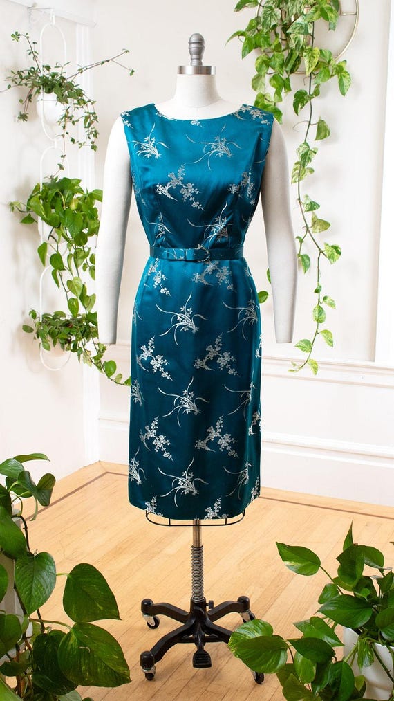 Vintage 1960s Cocktail Dress | 60s Asian Cherry Blossom Floral Blue Silk Wiggle Sheath Party Dress | medium